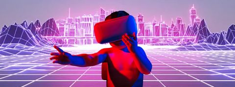 Oksana-Bondar Un bébé avec un casque de réalité virtuel sur un décors retrofuturiste