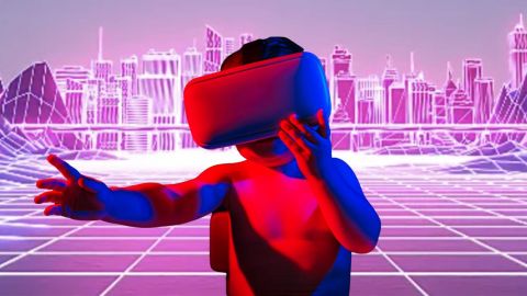 Oksana-Bondar Un bébé avec un casque de réalité virtuel sur un décors retrofuturiste