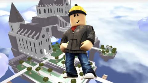 un personnage de Roblox devant un grand chateau