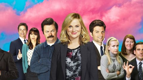 Plein de personnages de séries TV devant un ciel rose et bleu