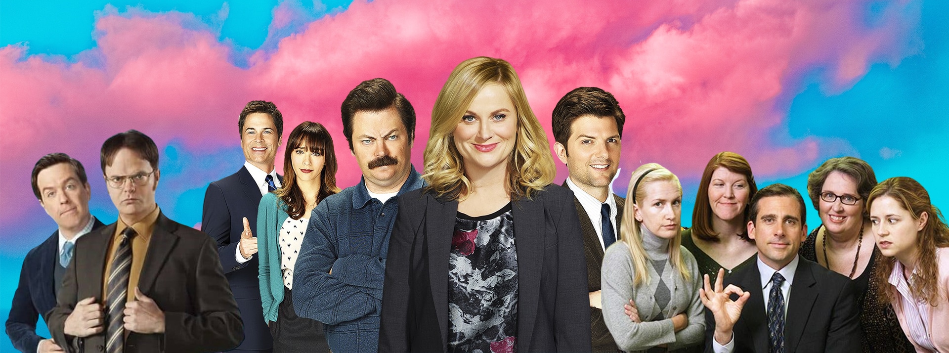 La chute des work sitcoms - L'ADN Plein de personnages de séries TV devant un ciel rose et bleu