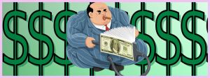Illustration satitrique avec un gros personnage en costume et des liasses de dollars