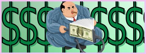 Capitalisme, riche Illustration satitrique avec un gros personnage en costume et des liasses de dollars