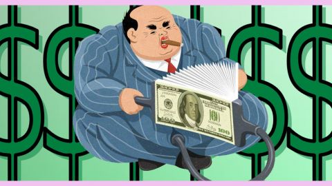 Illustration satitrique avec un gros personnage en costume et des liasses de dollars