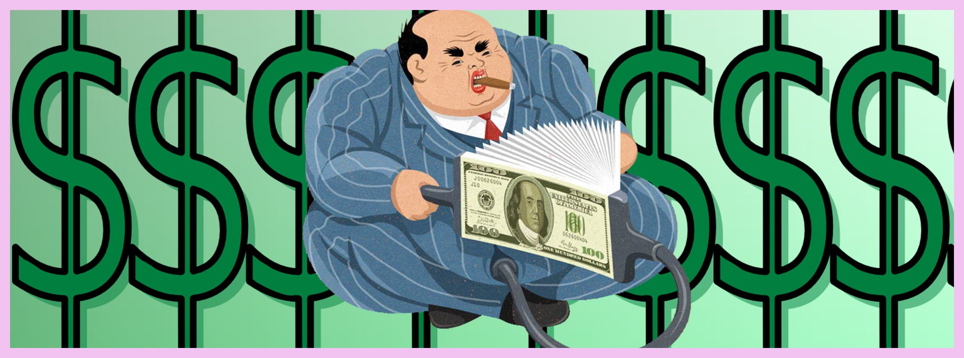 Capitalisme, riche - L'ADN Illustration satitrique avec un gros personnage en costume et des liasses de dollars