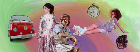 Histoire de la mode, une fille au look disco, une femme époque victorienne, un tennisman look 70's