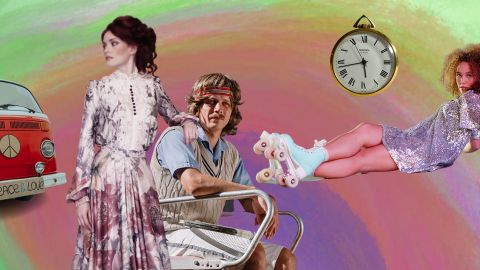 Histoire de la mode, une fille au look disco, une femme époque victorienne, un tennisman look 70's