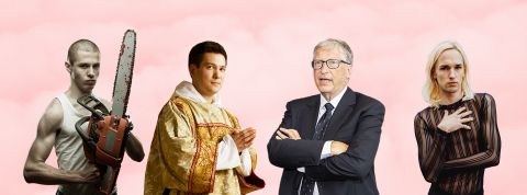C'est quoi la communauté IAmA sur Reddit ?  Sur fond rose, Bill Gates, un homme tenant une tronçonneuse et un évèque