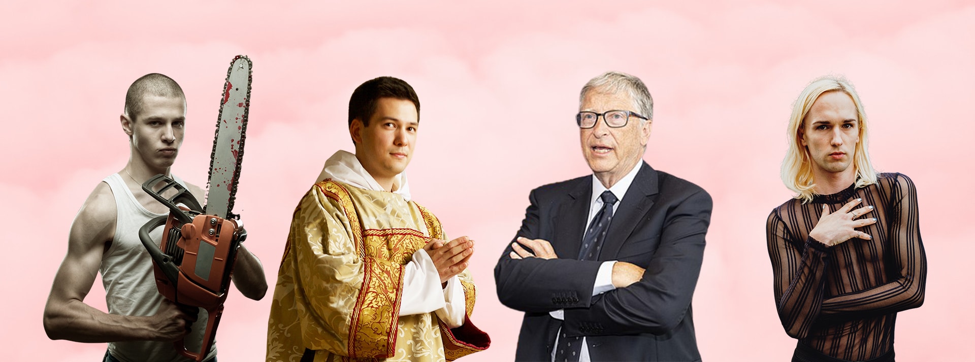 C'est quoi la communauté IAmA sur Reddit ? - L'ADN Sur fond rose, Bill Gates, un homme tenant une tronçonneuse et un évèque