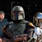 Sur fond d'espace, les personnages de Star Wars R2-D2, Luke Skywalker, Boba Fett et le mandalorian