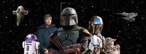 Disney a (enfin) conquis les fans de Star Wars Sur fond d'espace, les personnages de Star Wars R2-D2, Luke Skywalker, Boba Fett et le mandalorian