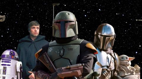 Sur fond d'espace, les personnages de Star Wars R2-D2, Luke Skywalker, Boba Fett et le mandalorian