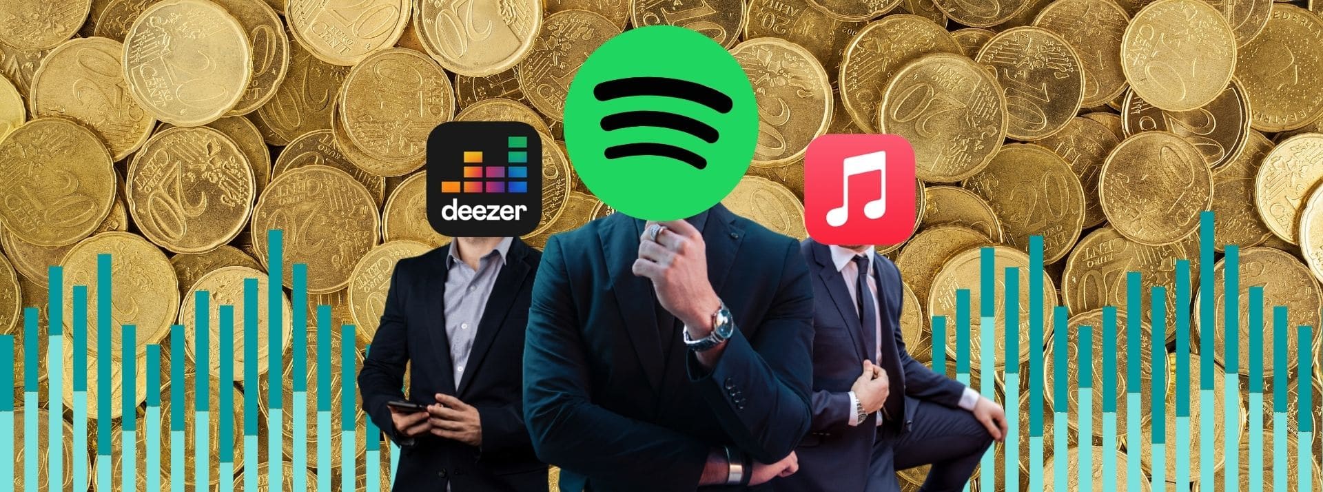 « J’ai acheté des streams sur Spotify » : la pratique controversée qui agite l’industrie musicale - L'ADN Logos de spotify, deezer et apple music sur fond d'argent