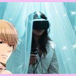 Une femmr en tenue de mariée avec un casque de RV sur la tête derrière un personnage de manga