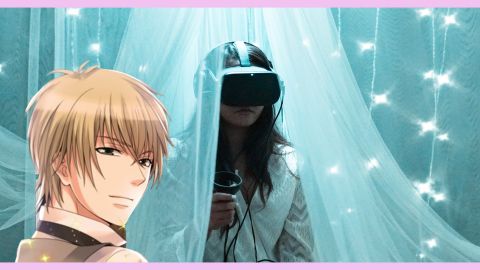 Une femmr en tenue de mariée avec un casque de RV sur la tête derrière un personnage de manga