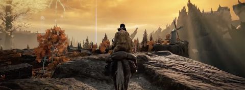 Image d’iOS Un personnage de jeu vidéo à cheval vu de dos dans une contrée lointaine