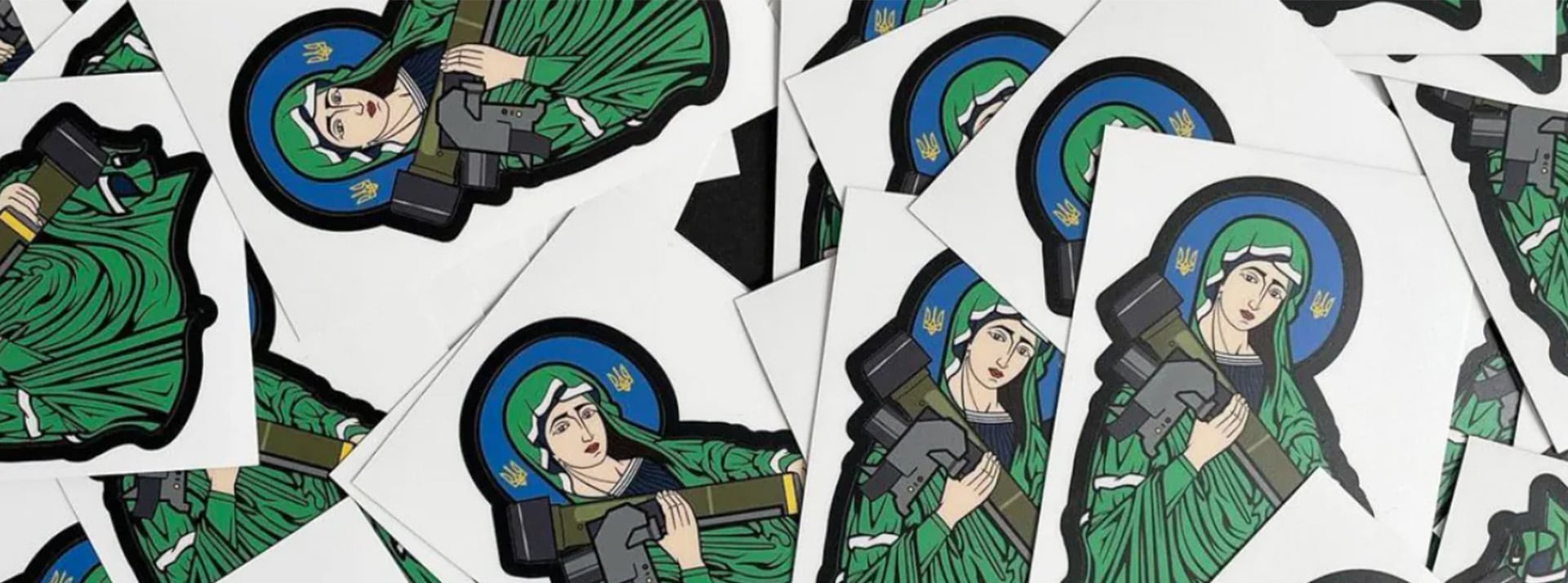 Memification des armes, légendes badass… Sur les réseaux, une pop-culture émerge autour de la guerre en Ukraine - L'ADN Stickers de Saint Javelin, un mème représentant la Vierge et une arme anti-tank