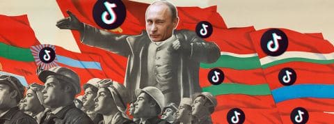 Propaganda un montage sur une ancienne affiche de propagande sociétique avec Poutine qfaisant un clin d'oeil à la place de lenine