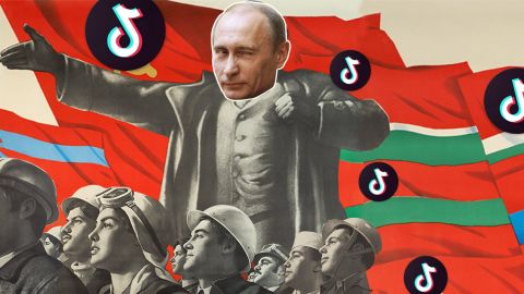 Propaganda un montage sur une ancienne affiche de propagande sociétique avec Poutine qfaisant un clin d'oeil à la place de lenine