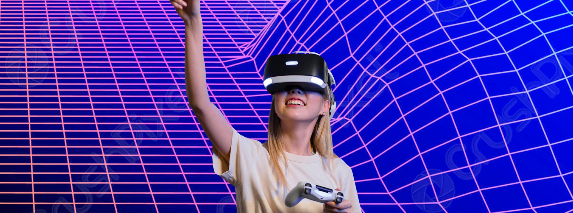 Ron1 - L'ADN une fille équipée d'un casque de réalité virtuel dans un decor retro-futuriste