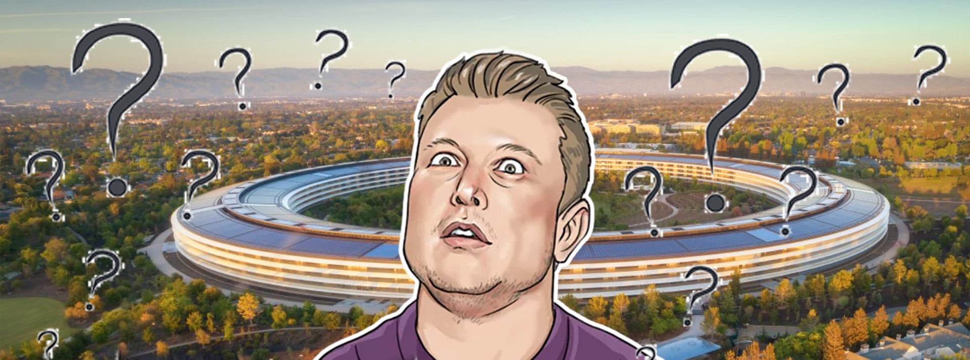 Elon Musk en version cartoon entouré de points d'interrogation