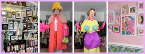 Deux femmes habillées de couleurs vives entourées de photos de pièces surchargées
