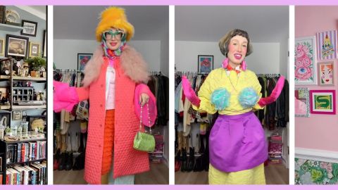 Deux femmes habillées de couleurs vives entourées de photos de pièces surchargées