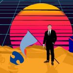 Illustration d'un homme en costume sur dune de sable et fond de lignes digitales + logos AXA, Casino, Carrefour