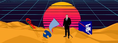 Corpoverse Illustration d'un homme en costume sur dune de sable et fond de lignes digitales + logos AXA, Casino, Carrefour