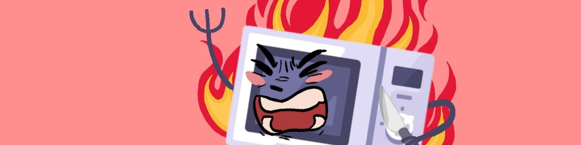 un micro-onde en flamme avec un couteau