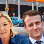 Marine le Pen et Emmanuel Macron avec une station essence en fond