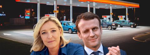Présidentielle et écologie Marine le Pen et Emmanuel Macron avec une station essence en fond