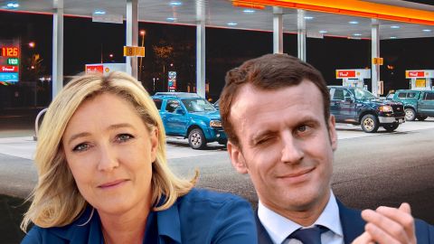 Marine le Pen et Emmanuel Macron avec une station essence en fond