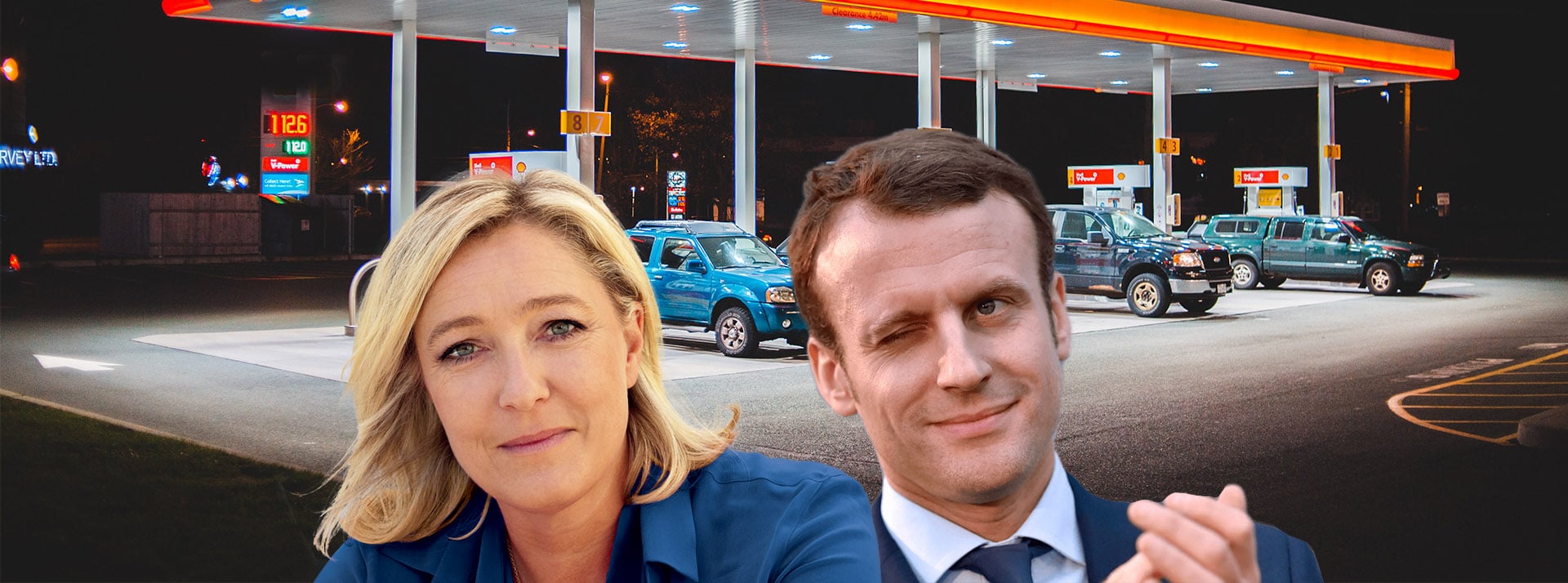 Présidentielle et écologie - L'ADN Marine le Pen et Emmanuel Macron avec une station essence en fond