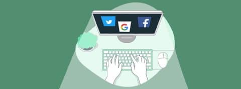 Bonne nouvelle : Nous reprenons le contrôle sur les géants du net Des mains en train de taper sur un clavier d'ordinateur, les logos Facebook, Google et Twitter sont visibles sur l'écran