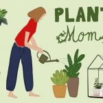 Sur fond vert pâle, une fille arrose des plantes vertes