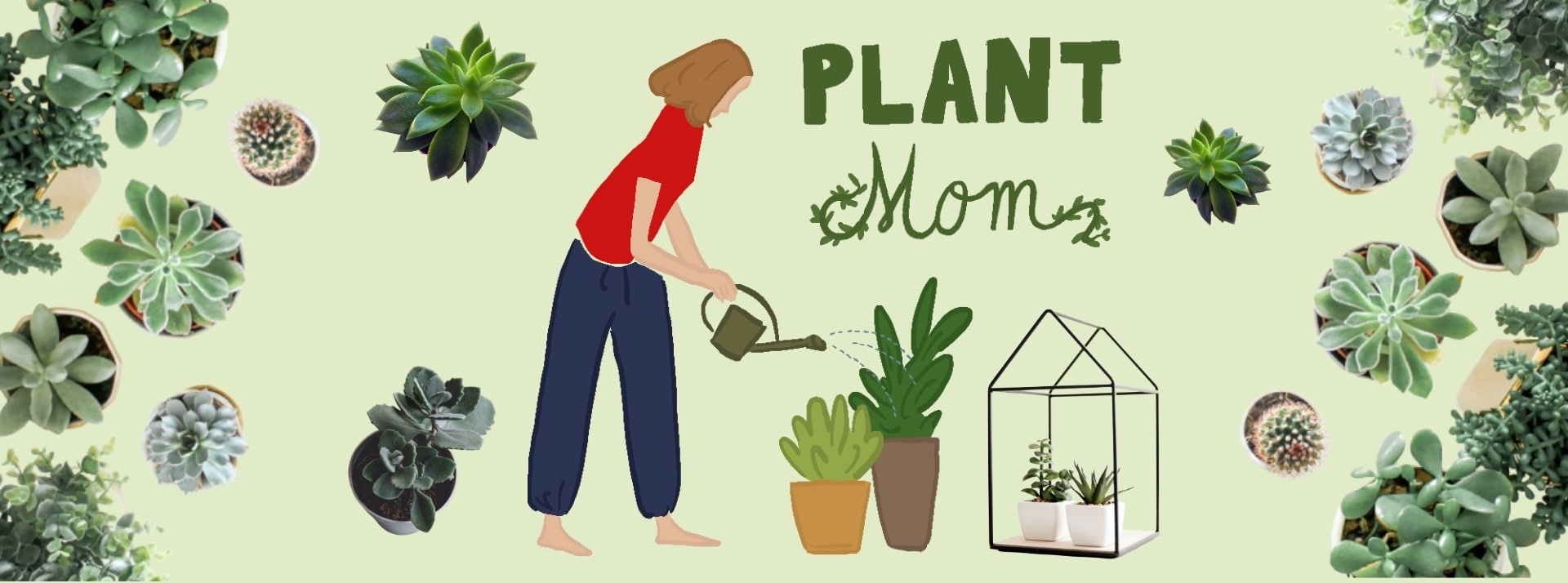 Sur fond vert pâle, une fille arrose des plantes vertes