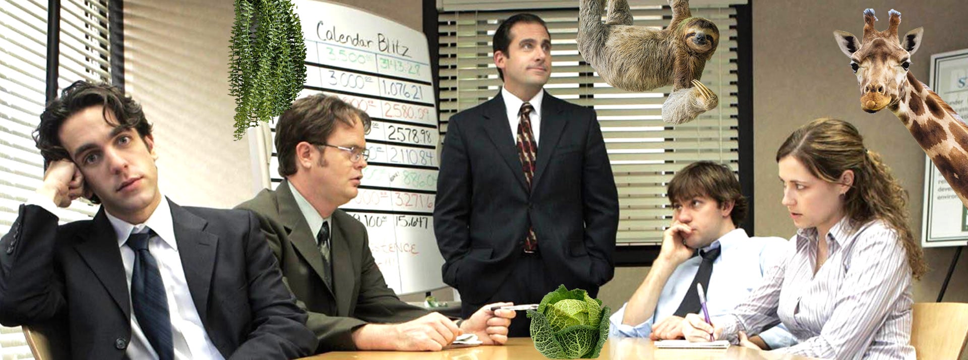 La nature à la gouvernance - L'ADN Scène de la série The Office avec 5 personnes en réunion et girafe, paresseux, chou
