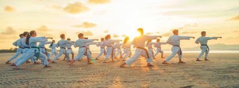Judo, combat Groupe de judokas sur la plage