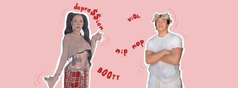 algospeak : les tiktokeurs contournent la censure en inventant un nouveau langage Deux TikTokeurs entourés de mots comme vi0l, B00ty, nip nop...