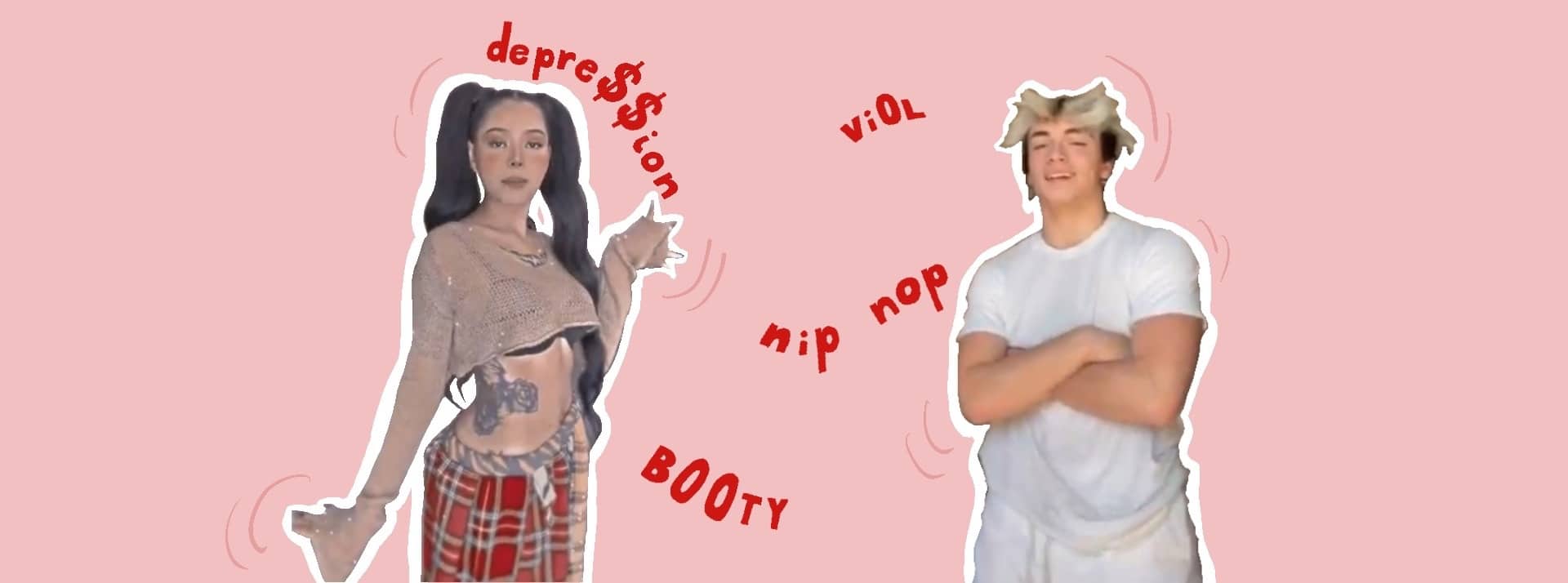 Deux TikTokeurs entourés de mots comme vi0l, B00ty, nip nop...