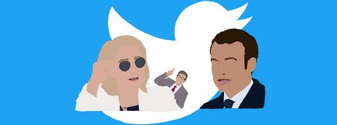 candidats-2nd-tour Le Pen, Macron et melanchon avec le logo de Twitter en fond