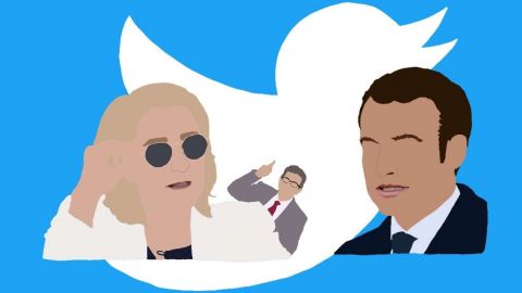 Le Pen, Macron et melanchon avec le logo de Twitter en fond