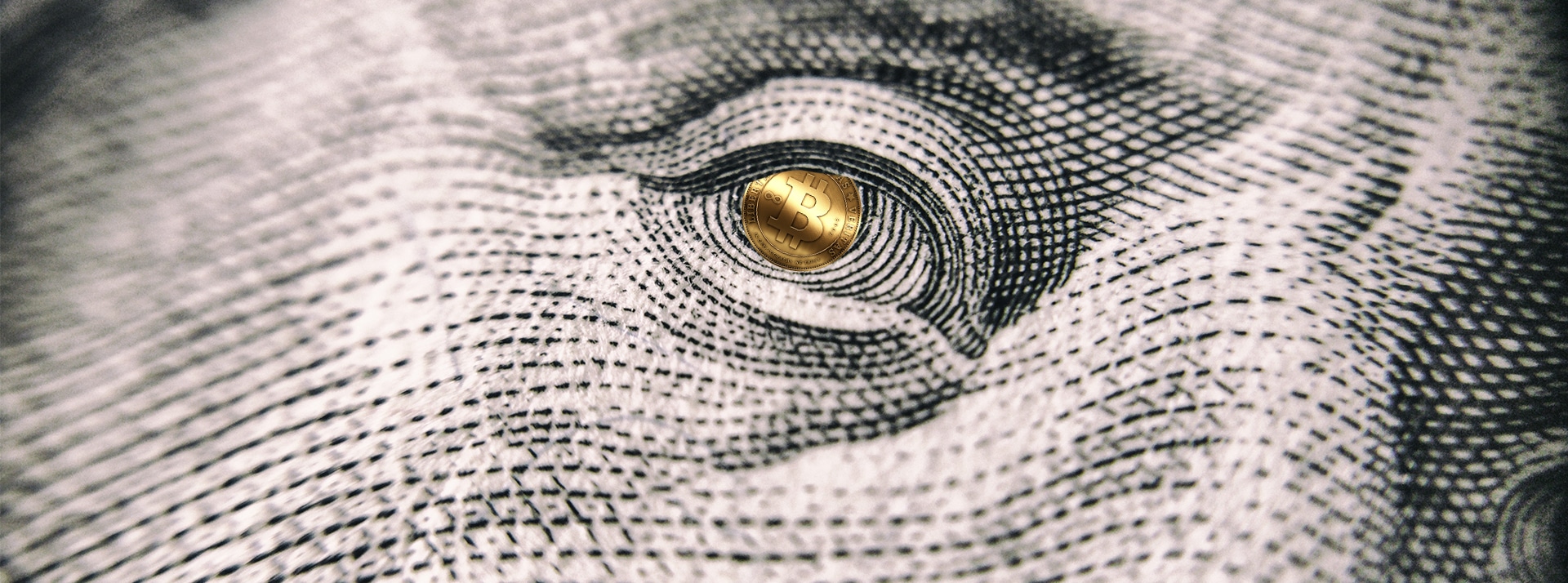 Cryptomonnaies, bitcoins - L'ADN Dollar US avec pupille en bitcoin