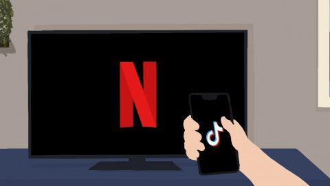 une personne regarde son smartphone branché sur TikTok tandis qu'une télévision affiche Netflix en arrière plan.