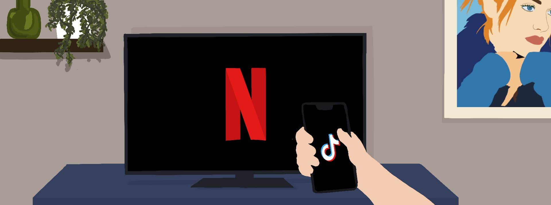 netflix-tiktok - L'ADN une personne regarde son smartphone branché sur TikTok tandis qu'une télévision affiche Netflix en arrière plan.