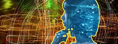 Ordinateur quantique Silhouette féminine avec lignes réseaux sur fond abstrait