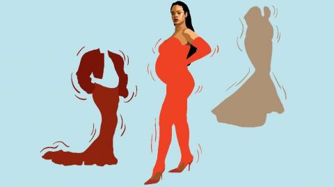 Sur fond bleu, le dessin de Rihanna en tenue orange