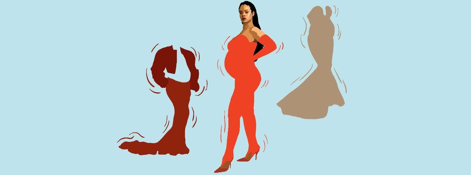 Comment Rihanna redéfinit l'image de la femme enceinte - L'ADN Sur fond bleu, le dessin de Rihanna en tenue orange