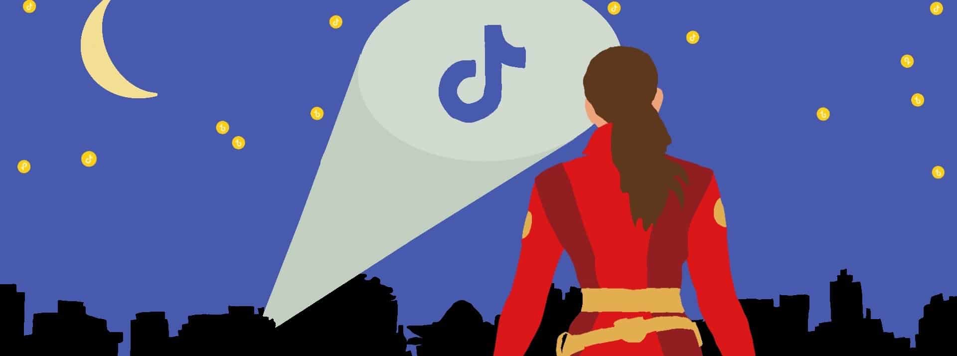 tiktoksuperhero - L'ADN Une héroine regarde un ciel étoilé ou resplendi un batsignal en forme de logo TikTok.